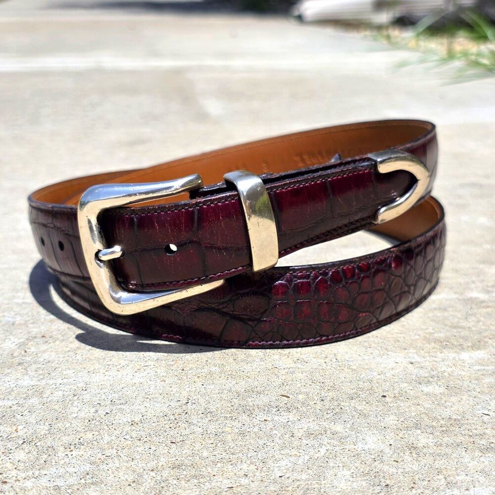 TRAFALGAR Red Brown Belt Men’s 44 Croc Embossed Italian Leather Silver Handmade